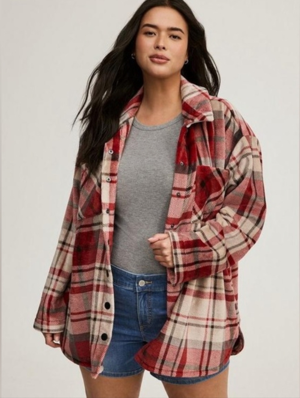 Torrid Red and Cream Plaid Cozy Button Jacket